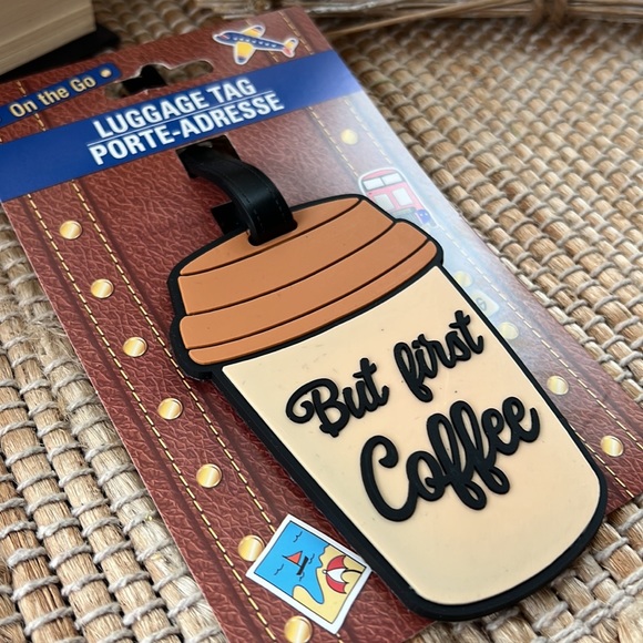 🧳☕️ Luggage tag rubber faux leather but first coffee coffee cup fun travel tag - Picture 2 of 3
